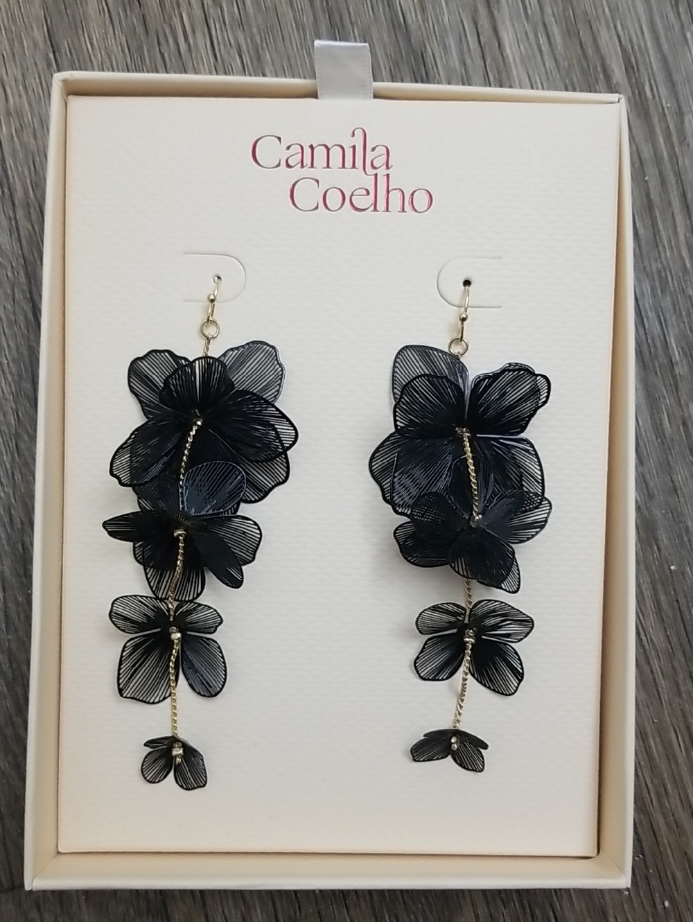Camila Coelho Black Floral Dangle Earrings with Layered Petals